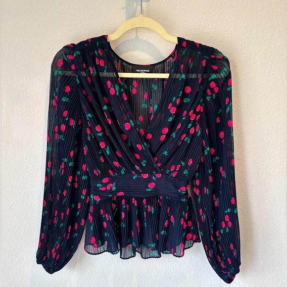 The Kooples Pleated Navy and Red Cherry Print Pleated Blouse- Size 1 (Small) - Picture 1 of 6